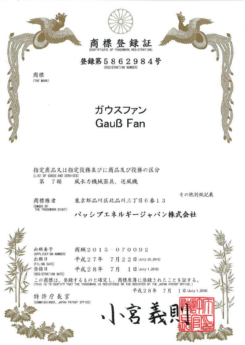 Certificat d'enregistrement de la marque Gauss Fan